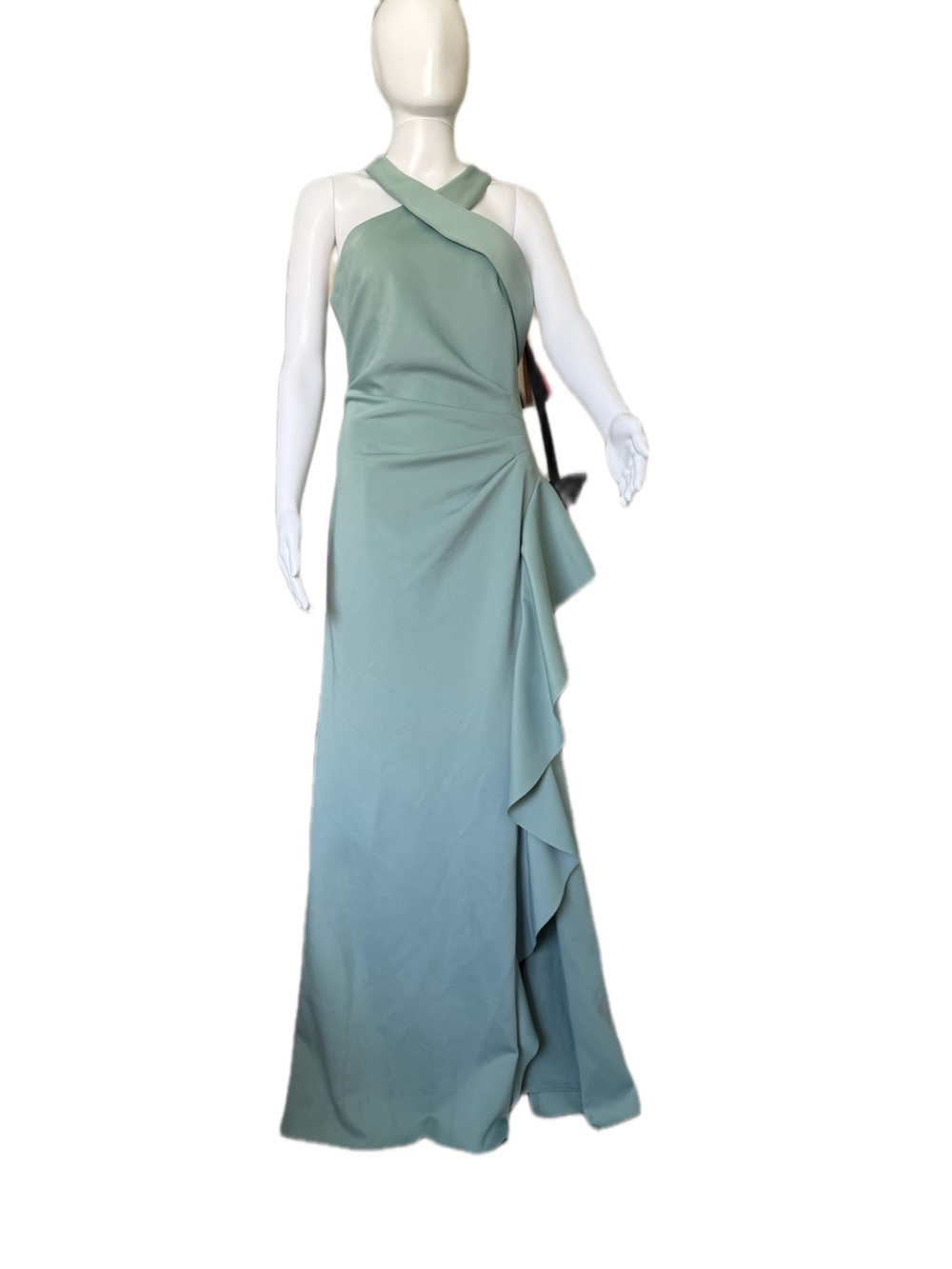 Xscape One-Shoulder Sage Green Ruffle Gown